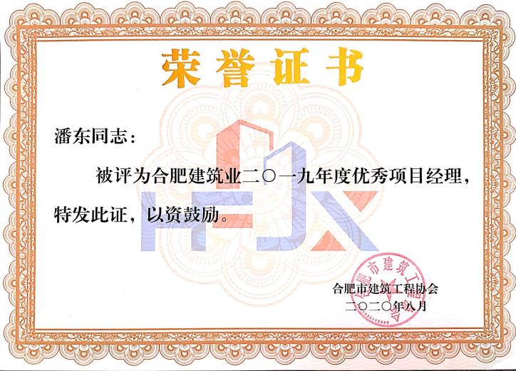 合肥市修建业2019年度优异项目司理——潘东