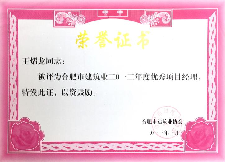 合肥市修建业2012年度优异项目司理——王熠龙