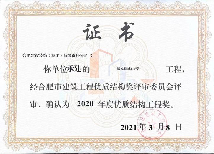 禧悦新城11#楼——2020年度合肥市修建工程优质结构奖